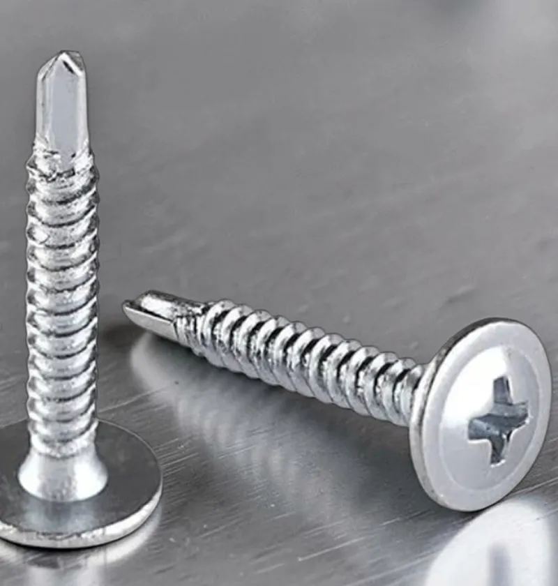 Two silver truss-head self-drilling screws