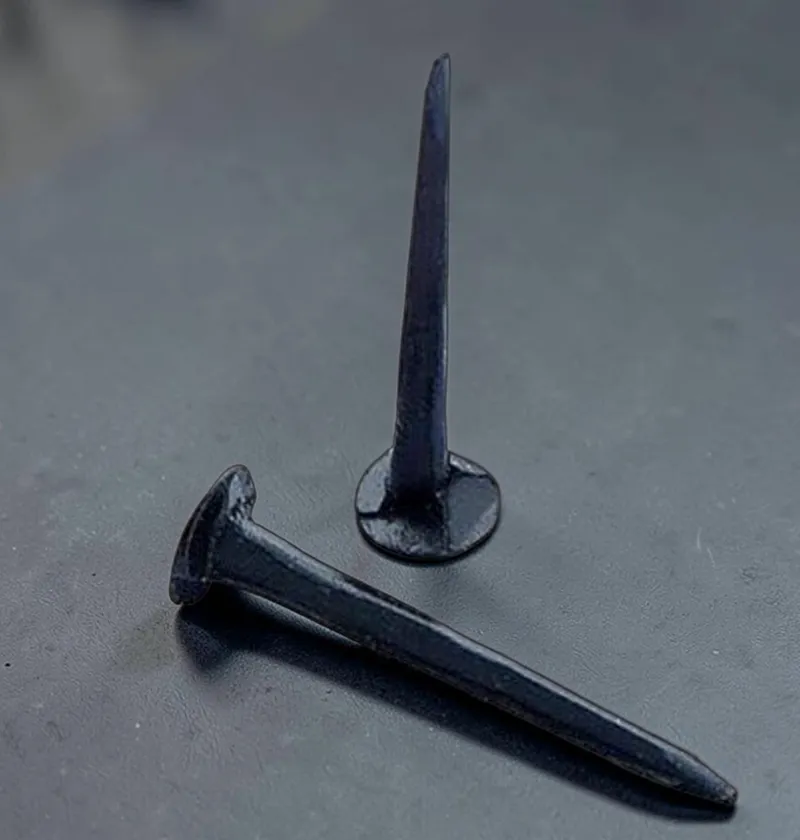 Two dark rustic nails on a dark surface
