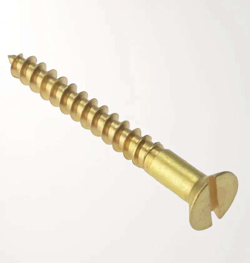 A brass wood screw with a slotted countersunk head