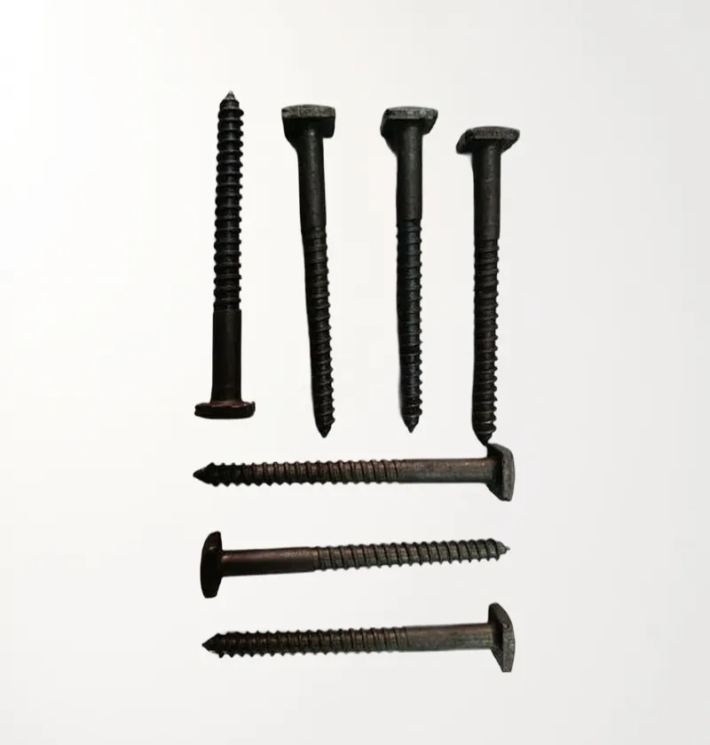 Dark coach screws of various sizes on a white background