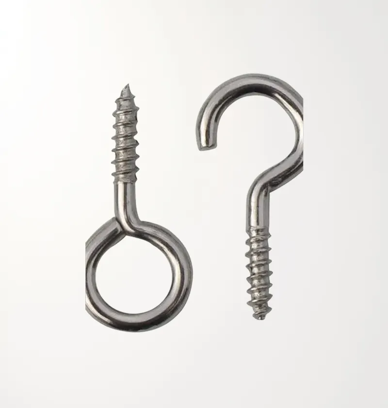 Silver screw eye and cup hook on a light background