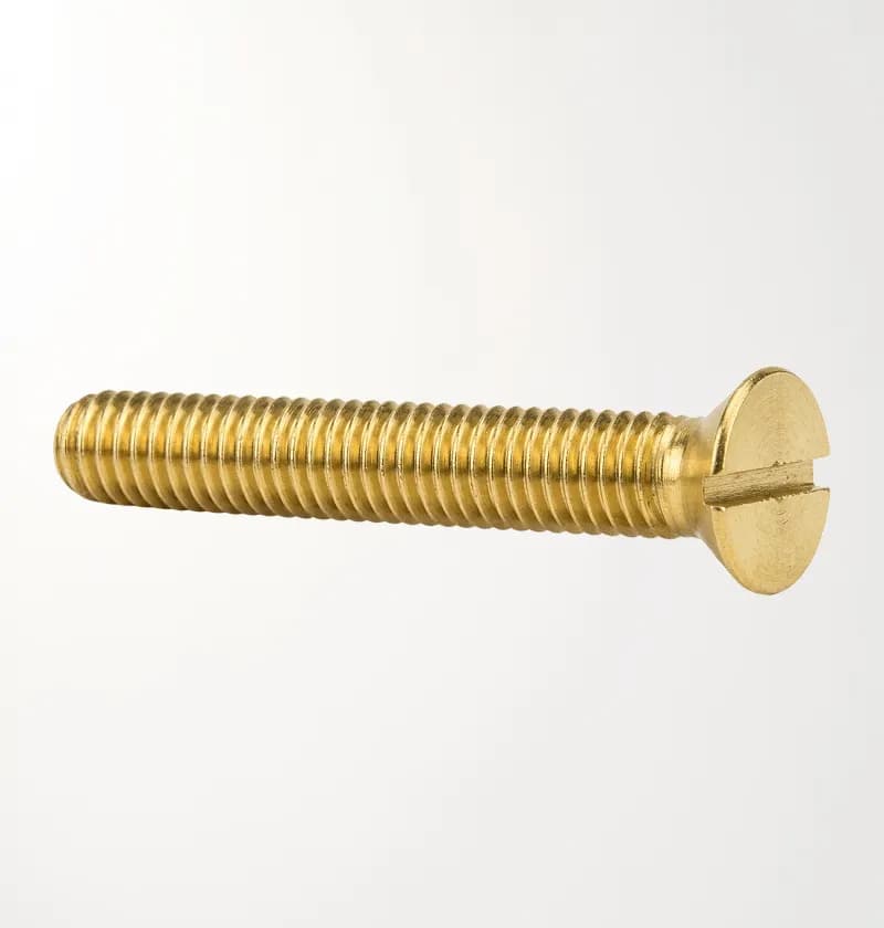A gold-polished slotted machine screw lying horizontally