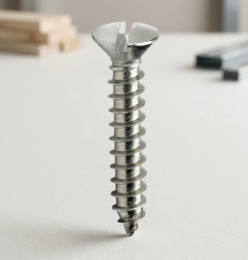 A cluster of csk slotted self tapping screws on wood